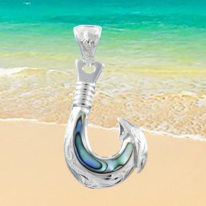 Hawaiian Genuine Paua Shell Fish Hook Necklace, Sterling Silver Abalone MOP Fish Hook Pendant, Christmas Anniversary Birthday Gift