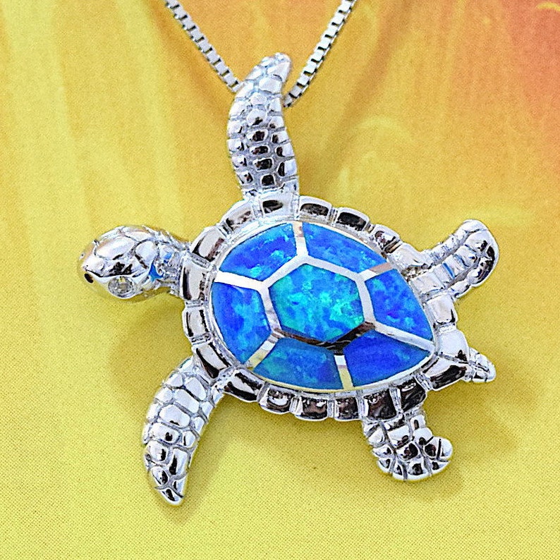 New Ocean Theme Sea Turtle Blue Fire Opal CZ Wedding Party Jewelry Necklace Gift