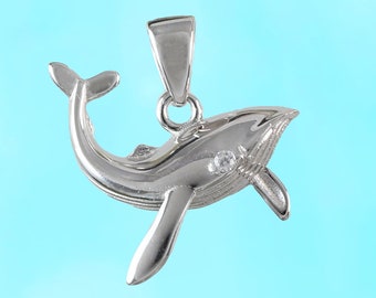 Hawaiian Humpback Whale CZ Eye Necklace, Sterling Silver Humpback Whale Charm Pendant, Hawaiian Jewelry, Valentine Mom Birthday Gift