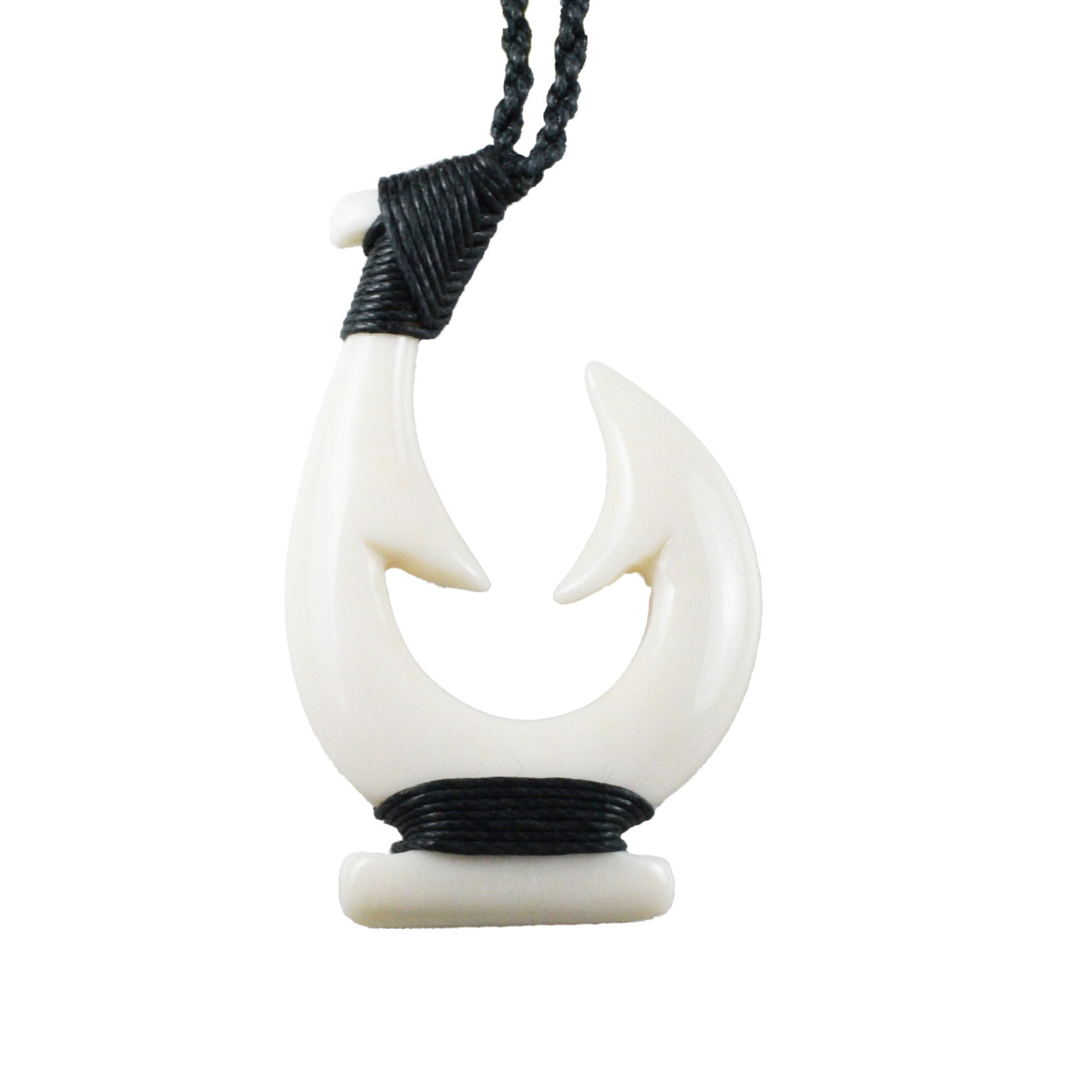 Hawaiian Jewelry Hand Carved Tattoo Fish Hook White Buffalo Bone, Bone Fish Hook