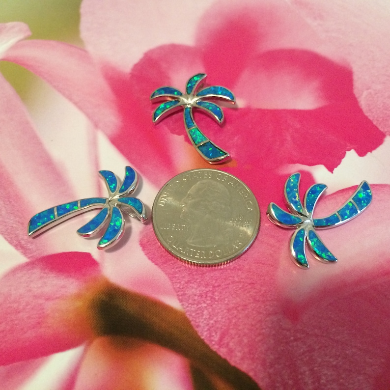 W56015 Hawaiian Jewelry Hawaiian Palm Tree Necklace Valentine Present Birthday Gift Sterling Silver Blue Opal Inlay Palm Tree Pendant