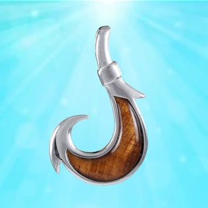 Hawaiian Large Genuine Koa Wood Fish Hook Necklace, Sterling Silver Koa Wood Fish Hook Pendant, Christmas Anniversary Birthday Gift