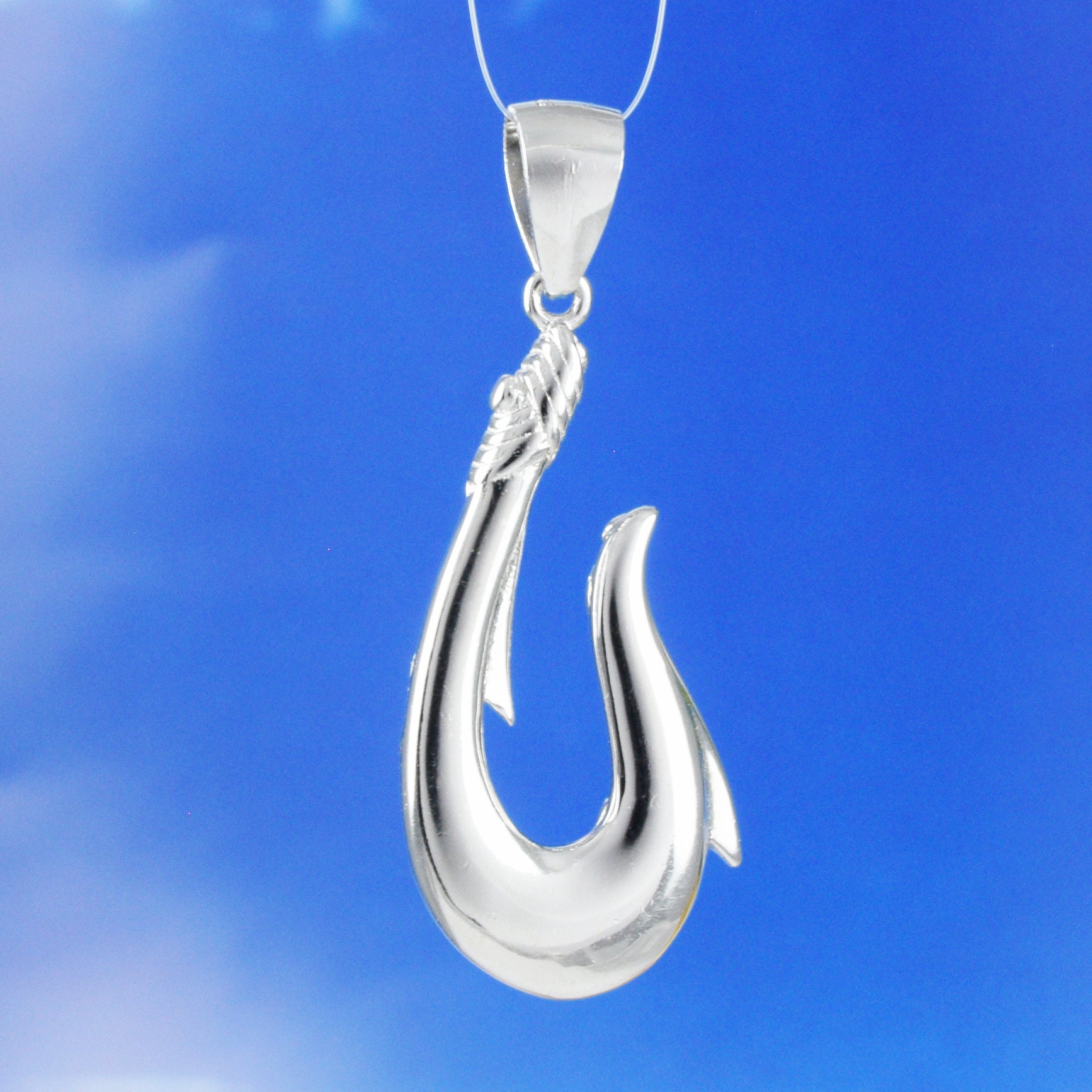 Hawaiian 3D Fish Hook Necklace, Sterling Silver 3D Fish Hook