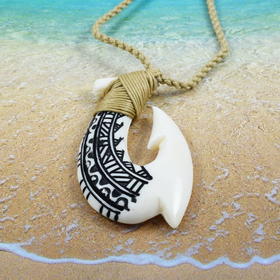 Hawaiian Fish Hook Necklace, Hand Carved Buffalo Bone Fish Hook