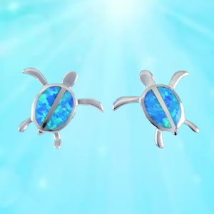 Sterling Silver Blue Opal Hawaiian Sea Turtle Stud Earrings