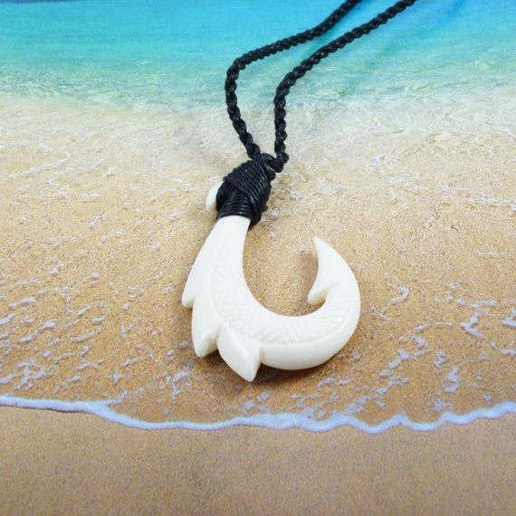 Hawaiian Fish Hook Necklace, Hand Carved Buffalo Bone Black Cord