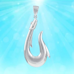 Hawaiian 3D X-Large Fish Hook Necklace, Sterling Silver 3D Fish Hook Pendant, Christmas Anniversary Birthday Gift