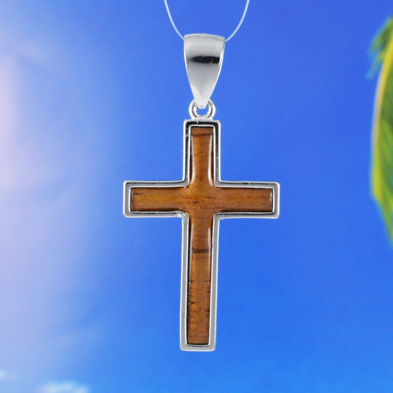 Hawaiian Large Genuine Koa Wood Cross Necklace, Sterling Silver Koa