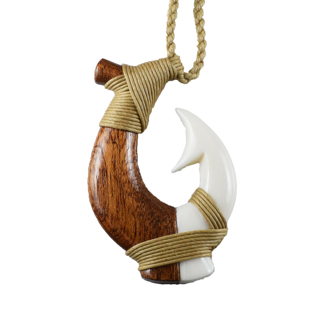 Hawaiian Large Genuine Koa Wood Fish Hook Necklace Hand Etsy