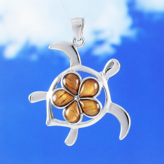 Sterling Silver Turtle Pendant with Pink Opal Plumeria Center Sterling Silver Turtle Pendant with Pink Opal Plumeria Center