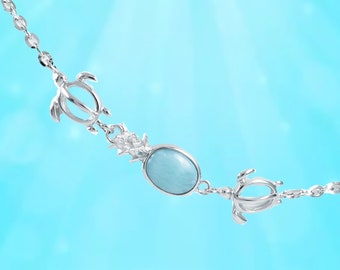 Sterling Silver Larimar Anklet: Hawaiian Pineapple Turtle Bracelet