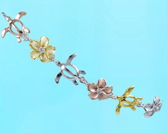 Sterling Silver Hawaiian Sea Turtle Plumeria Bracelet: Adjustable Anklet