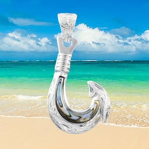 Hawaiian Large Genuine Paua Shell Fish Hook Necklace, Sterling Silver Abalone MOP Fish Hook Pendant, Christmas Anniversary Birthday Gift