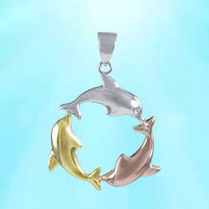 Hawaiian Tri-color 3 Dolphin Necklace, Sterling Silver 3-Tone Dolphin Charm Pendant, Christmas Anniversary Birthday Mom Gift