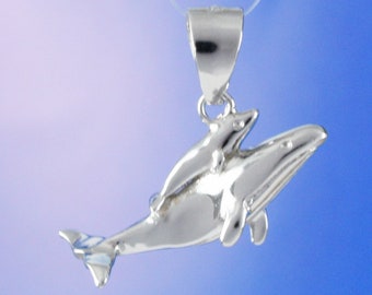 Hawaiian Mom & Baby 3D Humpback Whale Necklace, Sterling Silver 2 Humpback Whale Pendant, Valentine Present Birthday Gift