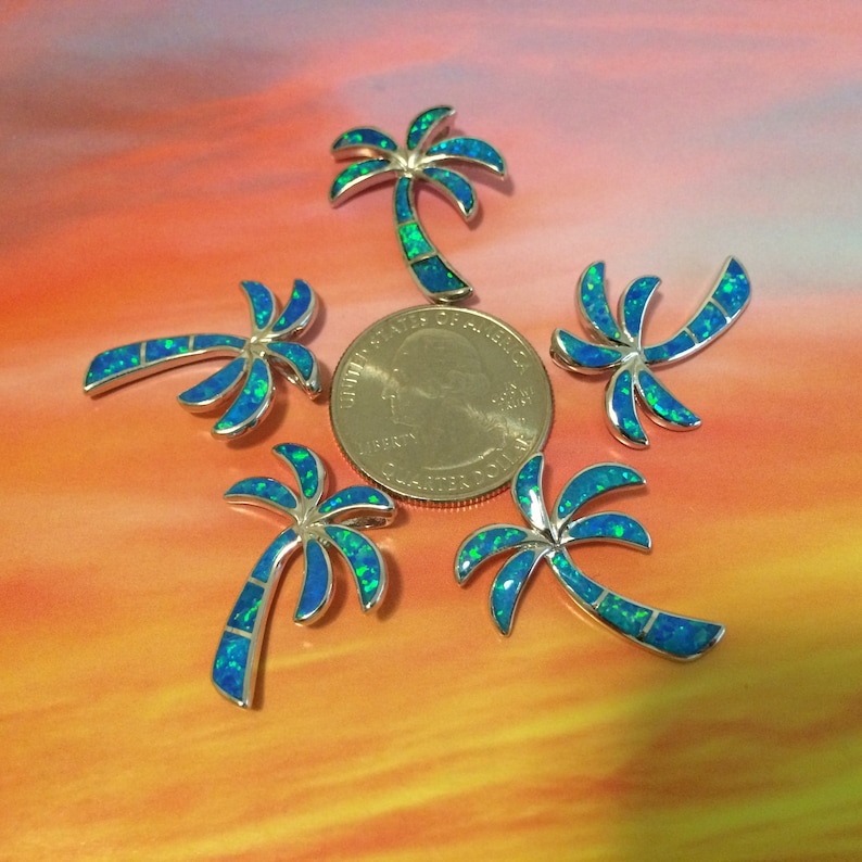W56015 Hawaiian Jewelry Hawaiian Palm Tree Necklace Valentine Present Birthday Gift Sterling Silver Blue Opal Inlay Palm Tree Pendant