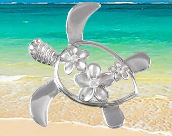 Sterling Silver Sea Turtle Necklace: Plumeria Flower Hawaiian Pendant