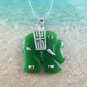 Green Jade Elephant Necklace: Sterling Silver Charm Pendant