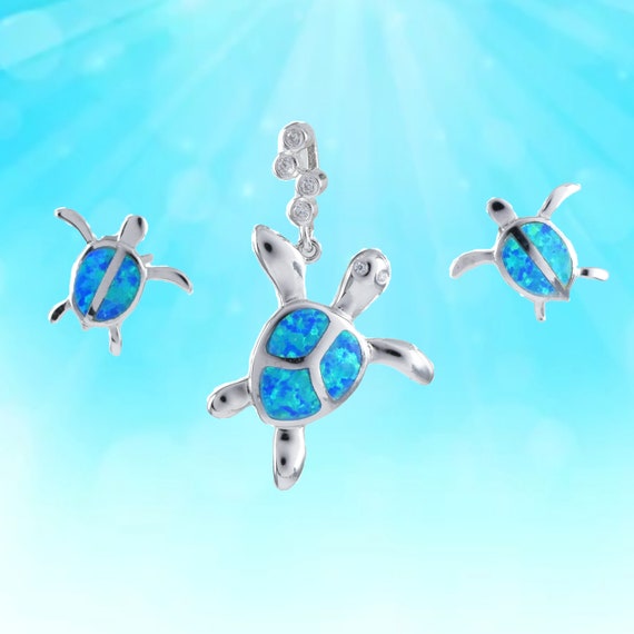 Sterling Silver Created Blue Opal Inlay & CZ Sea Turtle Tortoise Pendant Sterling Silver Created Blue Opal Inlay & CZ Sea Turtle Tortoise Pendant