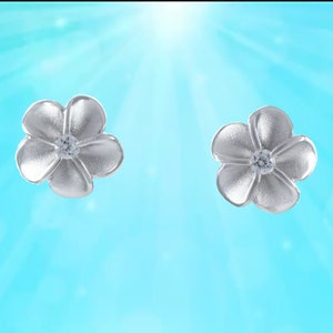Hawaiian Small Plumeria Earrings, Sterling Silver Plumeria CZ Stud Earrings, W54003 Hawaiian Jewelry, Christmas Present