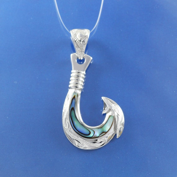 Hawaiian Genuine Paua Shell Fish Hook Necklace, Sterling Silver
