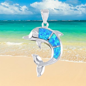 Hawaiian Blue Opal Dolphin Necklace, Sterling Silver Blue Opal Inlay Dolphin Pendant, Christmas Anniversary Birthday Mom Gift