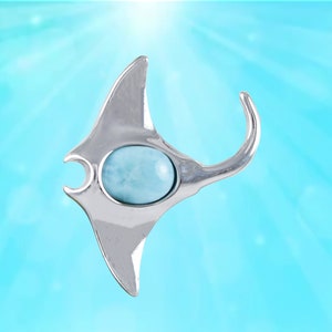 Hawaiian Genuine Larimar Manta Ray Necklace, Sterling Silver Larimar Manta Ray Pendant, Christmas Anniversary Birthday Mom Gift