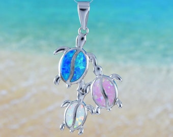 Hawaiian Mom and 2 Baby Blue Pink White Opal Sea Turtle Necklace, Sterling Silver Opal Sea Turtle Pendant, Christmas Birthday Mom Gift