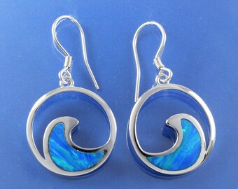 Hawaiian Large Blue Opal Ocean Wave Earrings, Sterling Silver Blue Opal Inlay Wave Dangle Earrings, Christmas Mom Birthday Gift