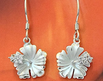 Hawaiian Hibiscus Earring, Sterling Silver Hibiscus CZ Dangle Earring, Hawaiian Jewelry, Valentine Anniversary Birthday Gift