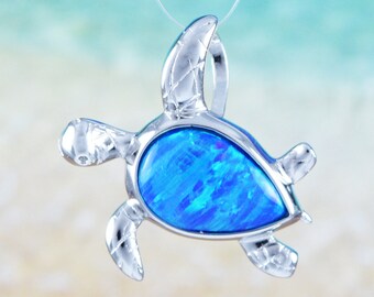Hawaiian Blue Opal Sea Turtle Necklace, Sterling Silver Blue Opal Inlay Sea Turtle Pendant, Valentine Birthday Gift