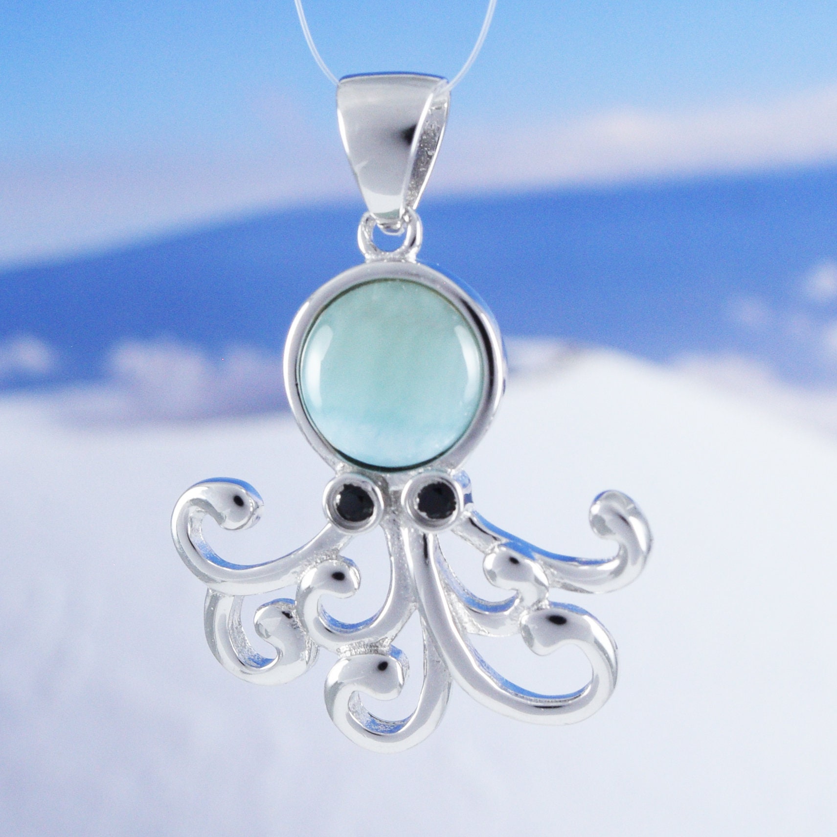 Hawaiian Genuine Larimar Octopus Necklace Sterling Silver Larimar