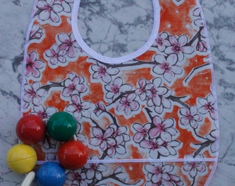 Easy-Clean Bib - Baby Bib - Oilcloth - One Wipe Clean - Reusable Bib - Waterproof Bib - Orange Cherry Blossoms