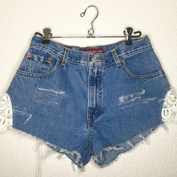 Levis, Levi Shorts, Levi Jeans, Denim Shorts, Lace Trim, Lace Fabric, Upcycled Recycled Repurposed, Destroyed Denim