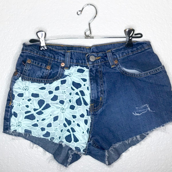 Polo Ralph Lauren, Ralph Lauren Vintage, Denim Shorts, Destroyed Denim, Upcycled Recycled Repurposed, Lace Fabric, Cut off Shorts,