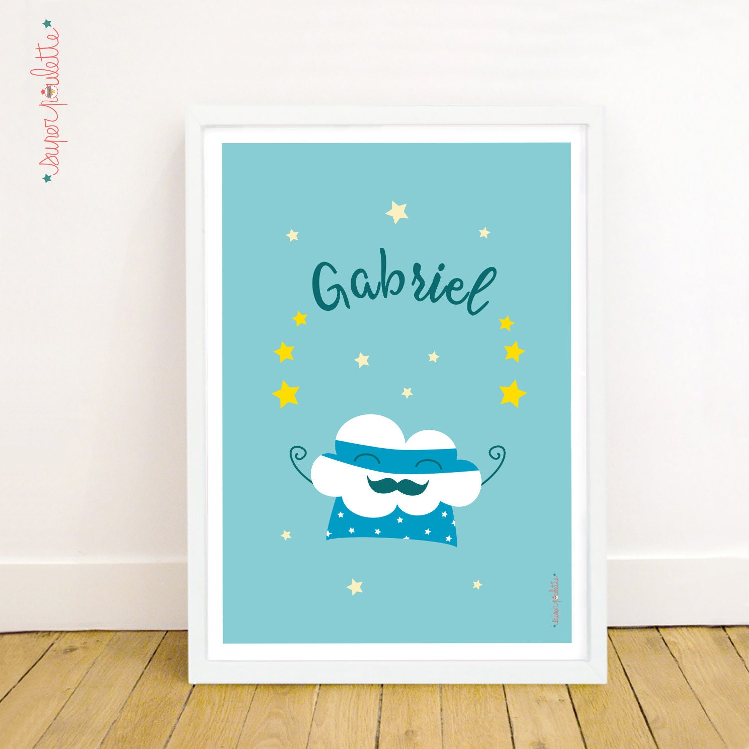 Affiche Super Mister Nuage Personnalisable avec Prénom Pour Bébé et Enfant/Format A4 Cadeau Naissanc