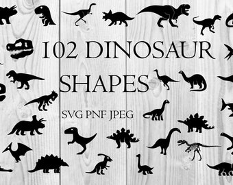 May include: A collection of 102 black silhouette dinosaur shapes in SVG, PNG, and JPEG formats. The image shows a variety of dinosaurs, including a T-Rex, Triceratops, Stegosaurus, and Pterodactyl.