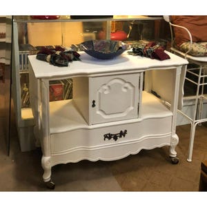 Vintage French Provincial White Drop Leaf Table - Rolling Accent Cabinet with Storage