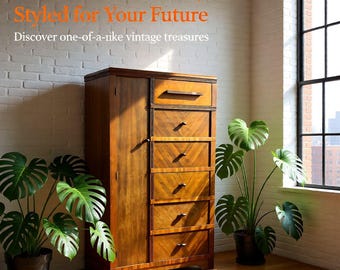 Vintage Waterfall Chifforobe 1930-40's Mid-Century Modern Wooden Dresser With Wardrobe Cabinet & 6 Drawers For Storage
