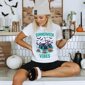 Summerween Vibes Tee: Cute Spooky Skeleton Beach Graphic for Halloween in July Summerween Vibes T-Shirt  Cute Spooky Summer Tee for Women