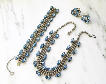 Estate Blue & Clear Rhinestone Parure Jewelry Set