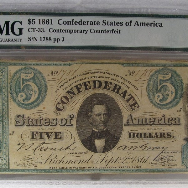 1861 5 Dollar CT-33 Confederate Civil War Minerva Counterfeit Banknote Hoard PC-305