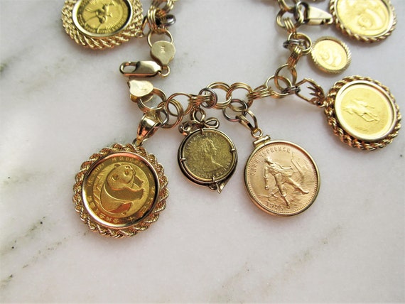 14K Yellow Gold Chunky Coin Charm Bracelet .900.9999 Gold - Etsy