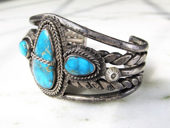 Estate Navajo Large Heavy Sterling & Turquoise Ha… - image 7
