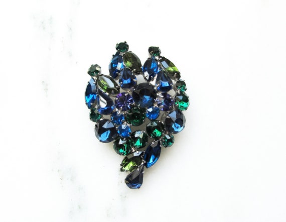 Blue & Green Domed Rhinestone Brooch