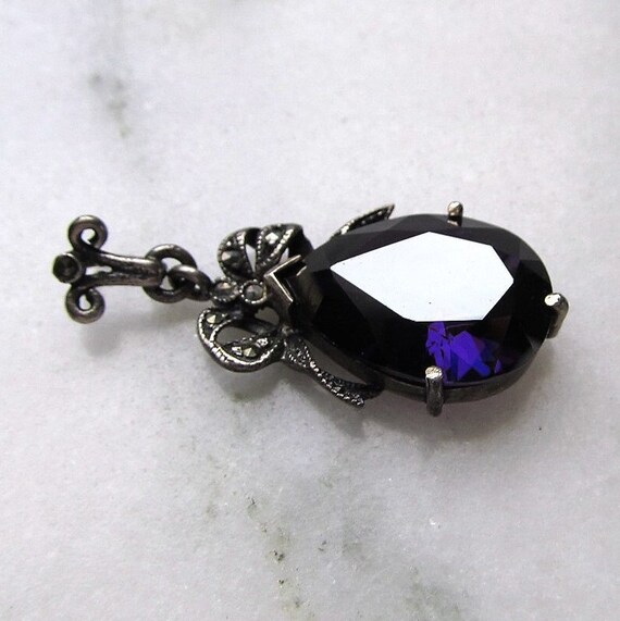 Vintage Sterling Silver Dark Purple Glass & Marca… - image 3