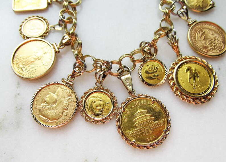 14K Yellow Gold Chunky Coin Charm Bracelet .900.9999 Gold | Etsy