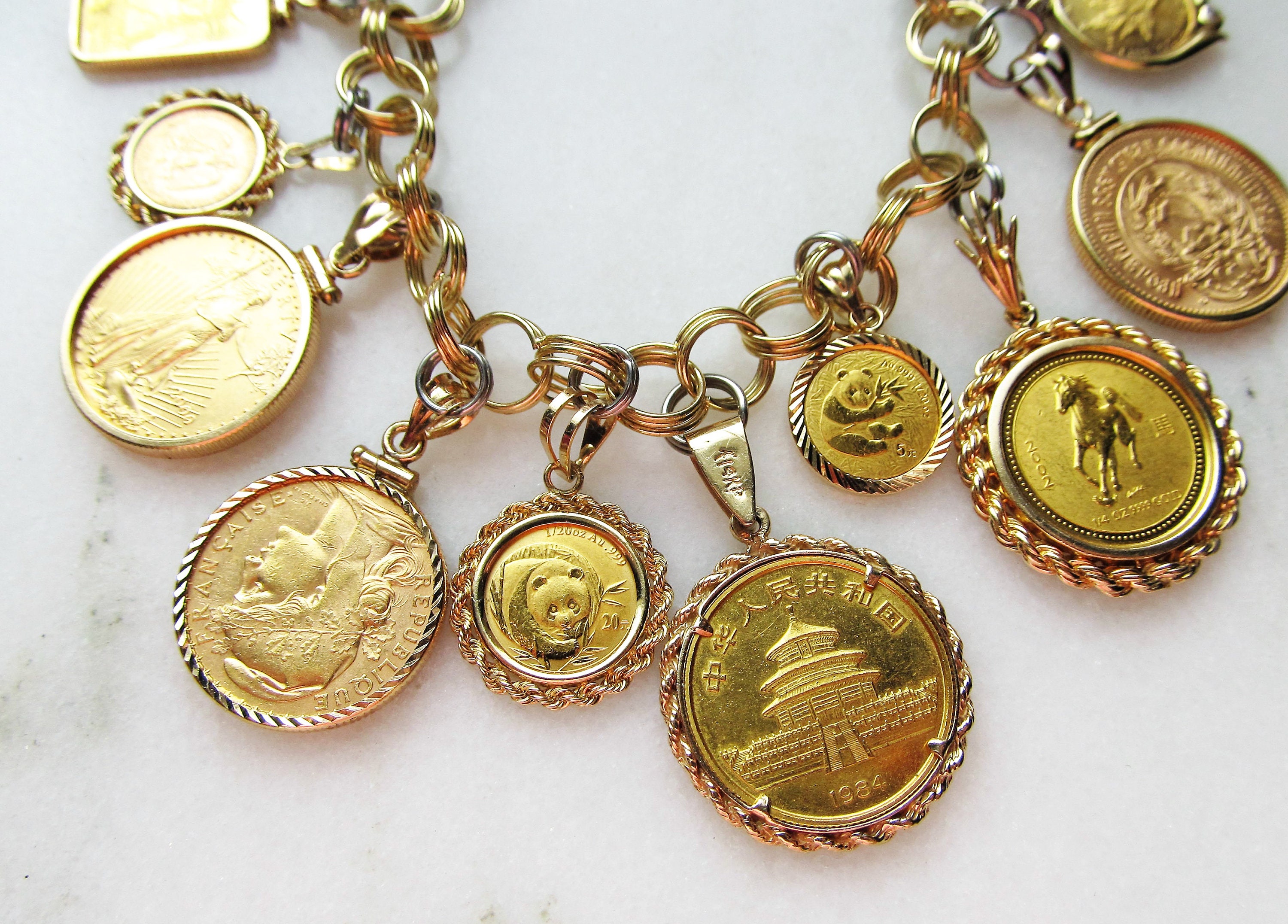 14K Yellow Gold Chunky Coin Charm Bracelet .900.9999 Gold