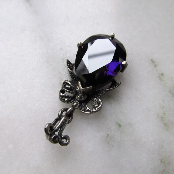 Vintage Sterling Silver Dark Purple Glass & Marca… - image 4