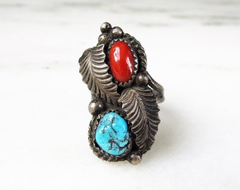 Vintage Navajo Sterling Silver Turquoise & Coral Ring Handmade ETC4017